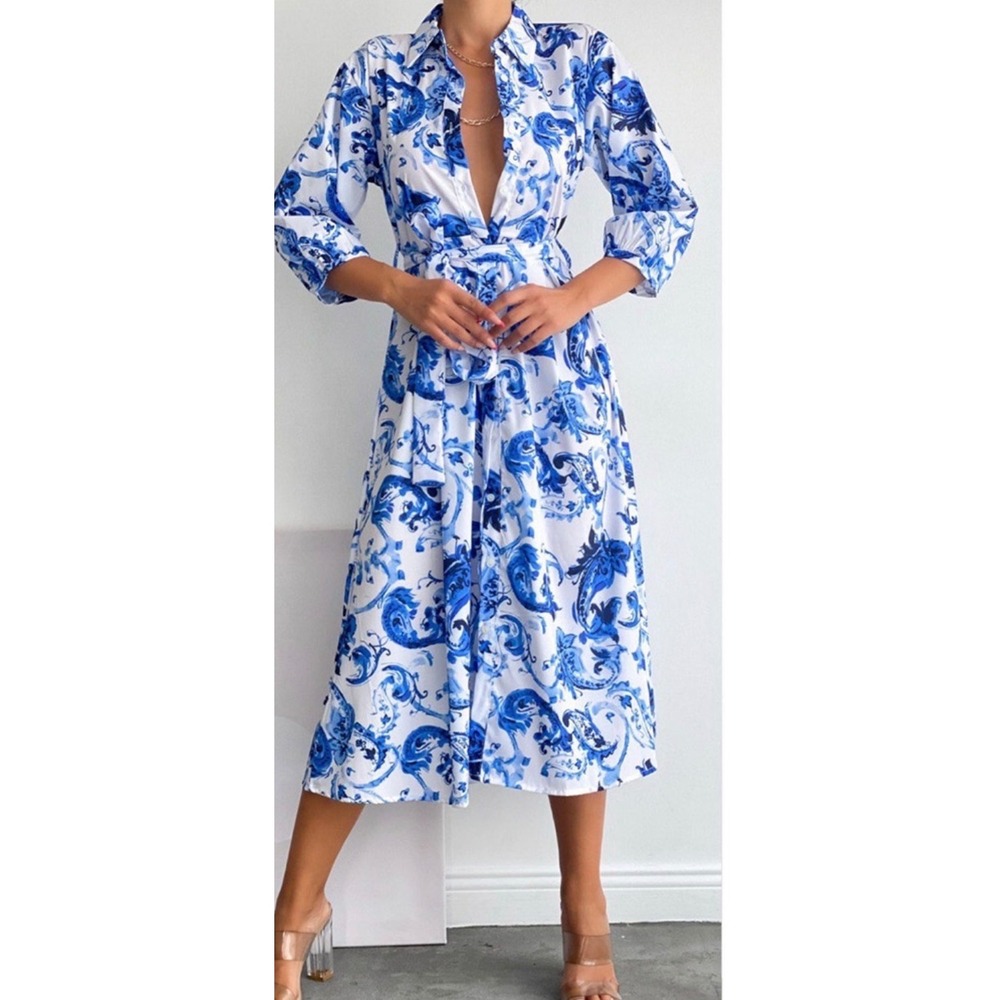 Zara Poplin shirt Dress paisley blue print size L